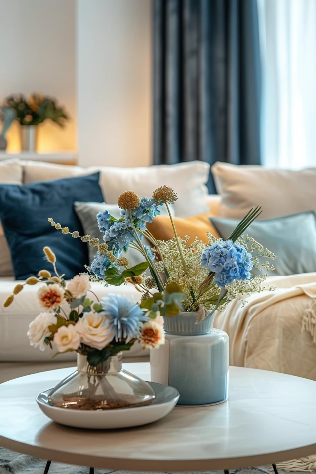 Transitional Blue and Cream Living Room