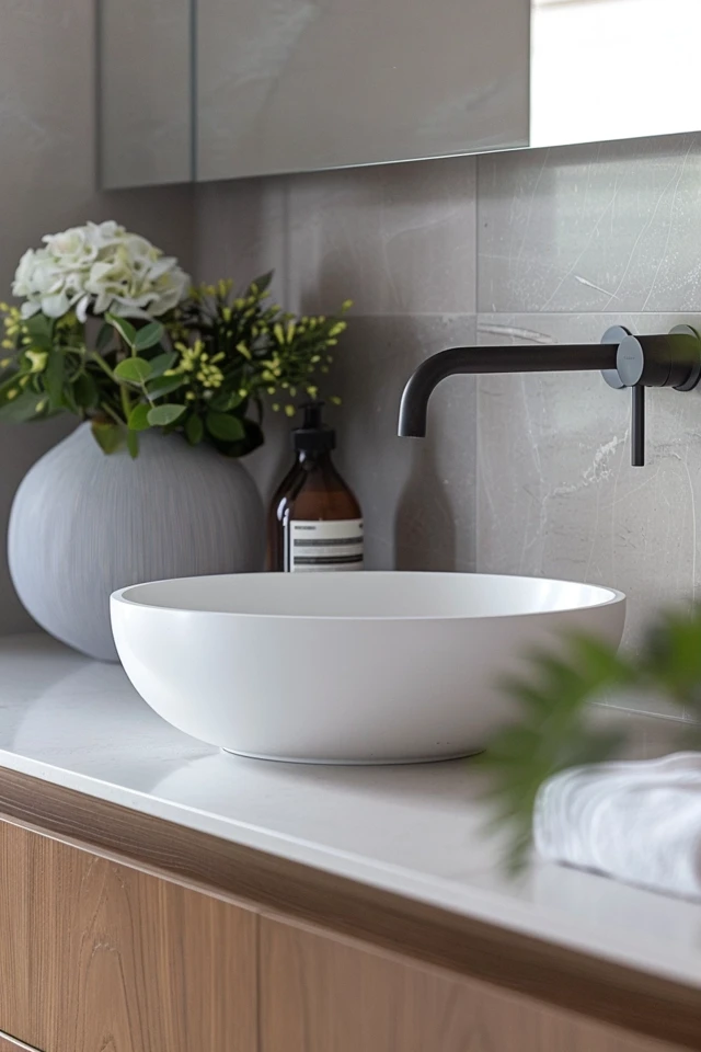 Light Wood Vanity with Gray Floor Tiles