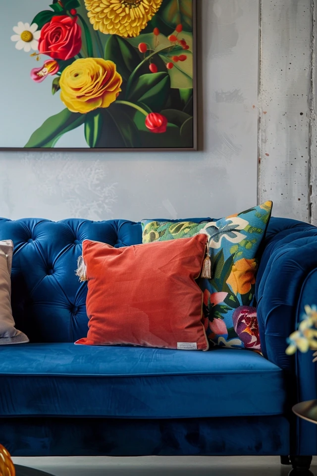 Mixing Colors and Materials with a Blue Velvet Sofa