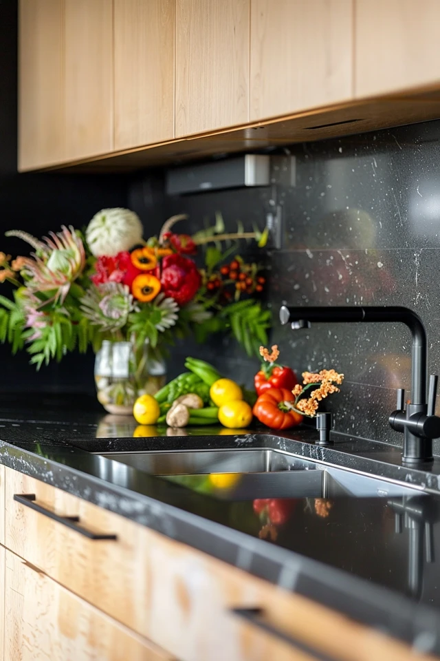 Chic Backsplash Ideas for Black Granite & Maple Cabinets