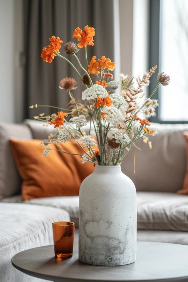 Stylish Living Room Design with Grey and Orange Accents