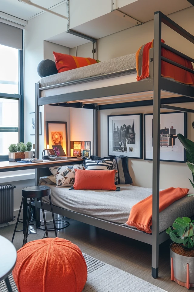 Stylish and Functional Dorm Room Designs with Lofted Beds.