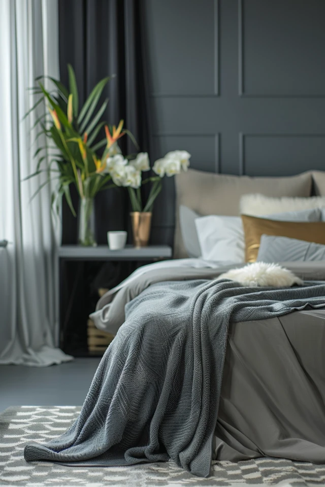 Contemporary Bedroom with Gold and Gray Bed