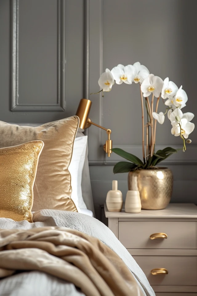 Gray Bedroom with Pink Fringe Mirror