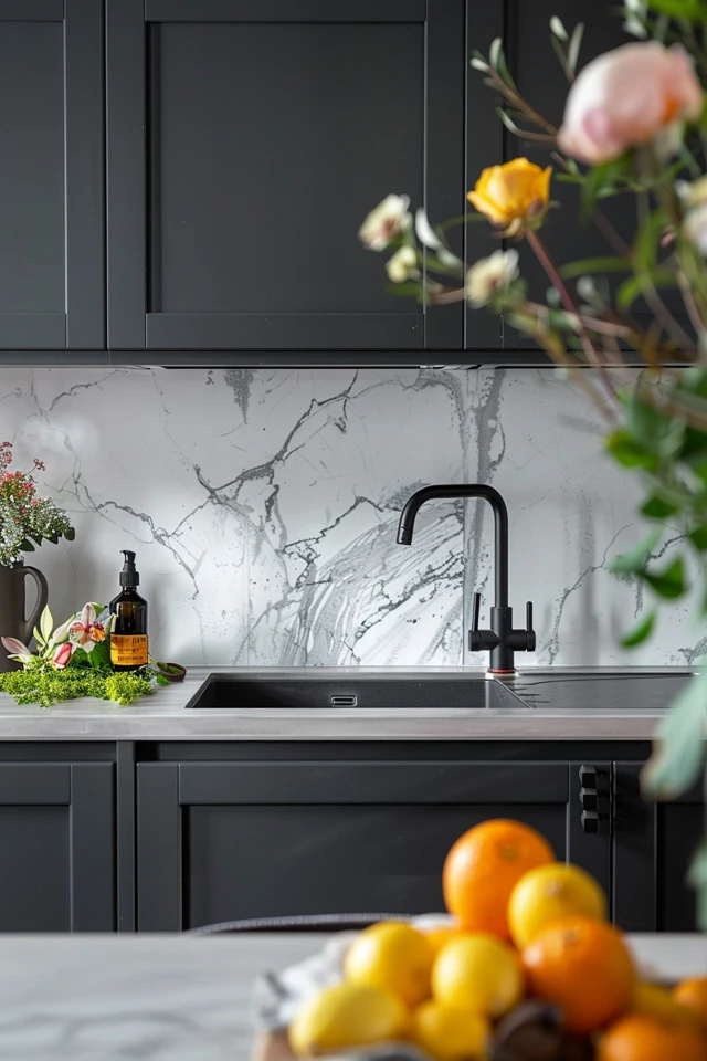Glass and Patterned Backsplash Designs for Dark Gray Cabinets