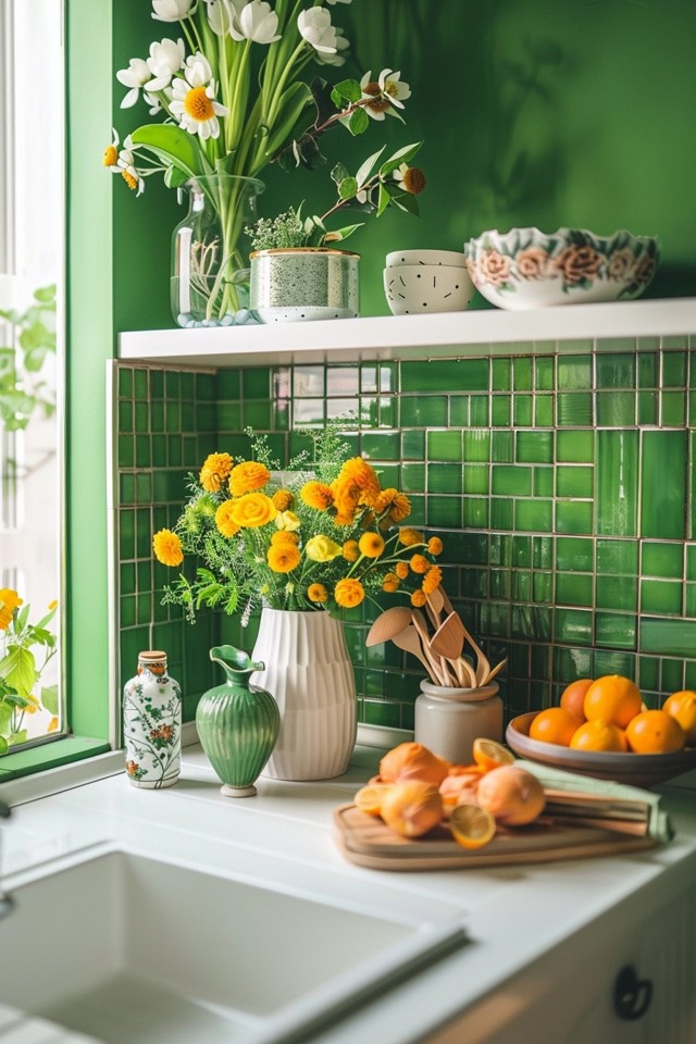 Gorgeous Green Color Mosaic Backsplash Ideas
