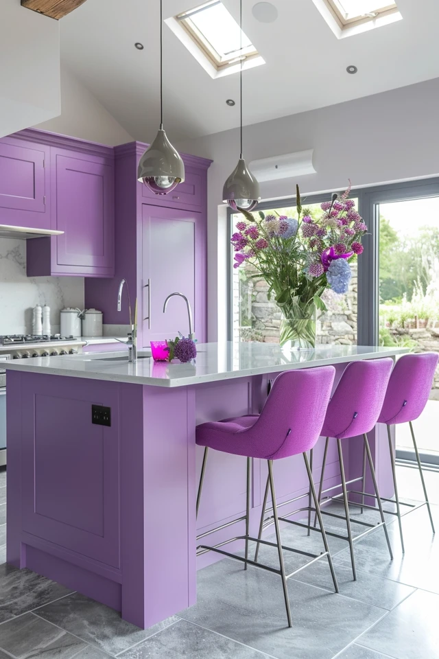 Neutral Kitchen with Purple Kitchen Island