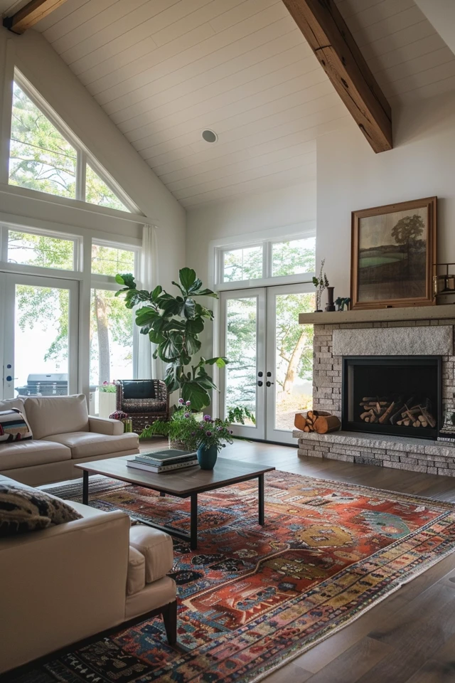 Two Story Elegant Living Room With Fireplace