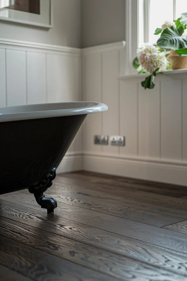 Stylish Dark Wood Floor Bathroom Inspiration