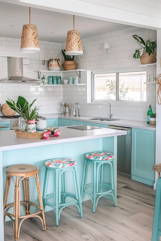 Wet Bar with Bright Blue Cabinets