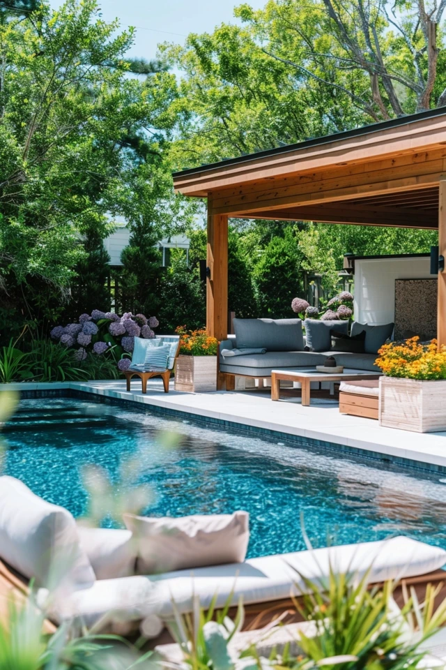 Create a comfortable outdoor furniture arrangement within your poolside pavilion. Plush loungers, cozy couches, and stylish…