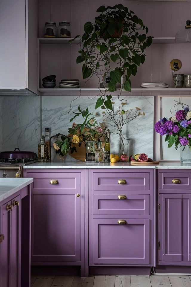 Purple Kitchen Cabinets and Grey Kitchen Island