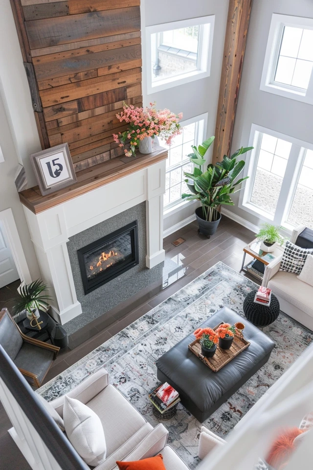 Brick 2 Story Fireplace with Black Wood Mantel