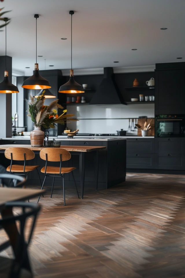 White Kitchen with Dark Wood Floors