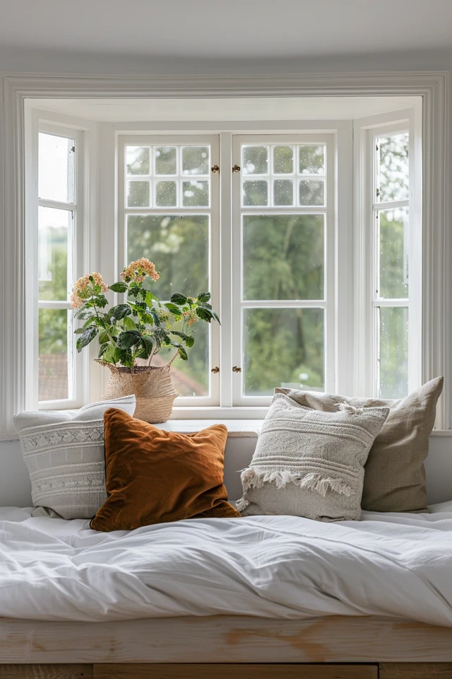 Utilizing a Small Bedroom Bay Window for Storage and Seating