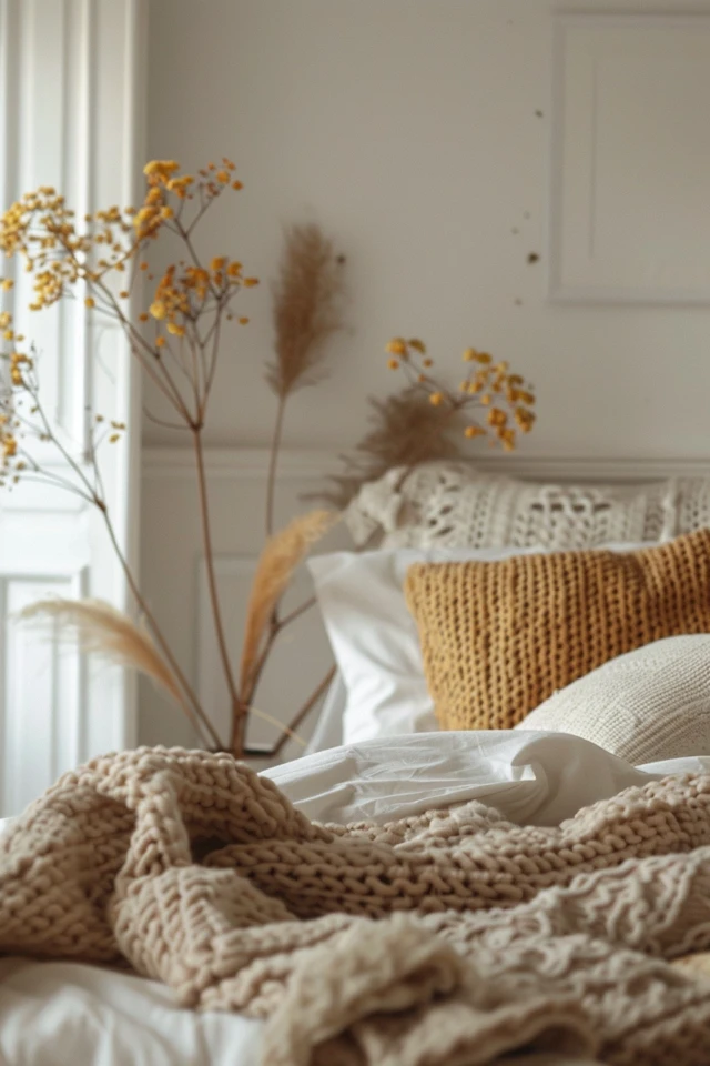 Image showcasing fall colors and textures in a bedroom