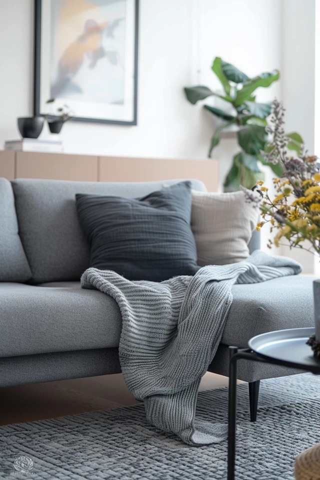 Furniture Arrangement and Finishing Touches in Blue and Grey Living Rooms.