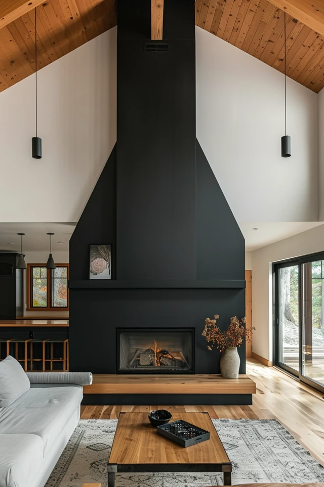 Tall Ceiling Shiplap and Brown Stone Fireplace