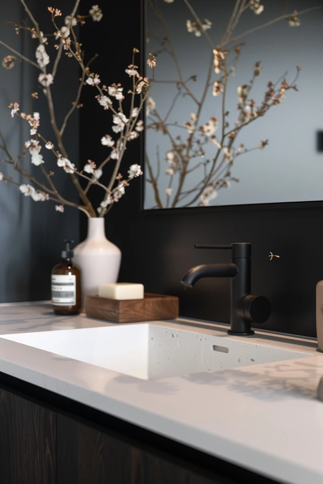 Lighting and Accent Color in Black and White Powder Rooms