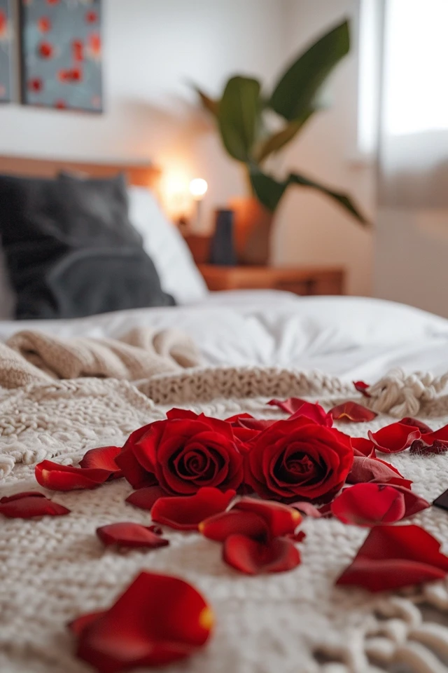 Romantic Rose Petals on Bed Ideas for Couples