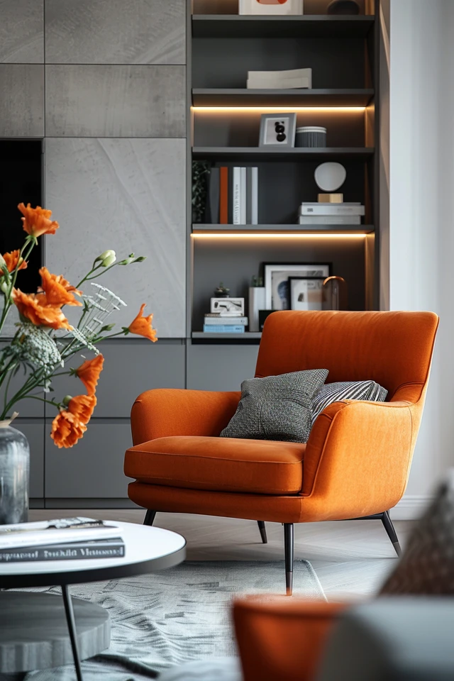 High-Glam Orange and Gray Living Room