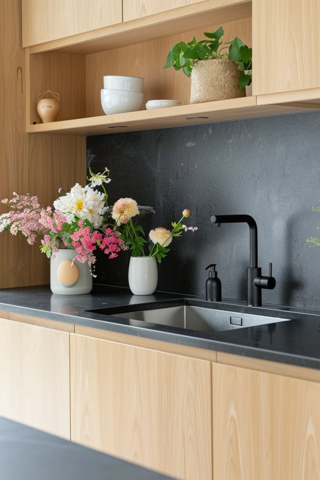 Chic Backsplash Ideas for Black Granite & Oak Cabinets