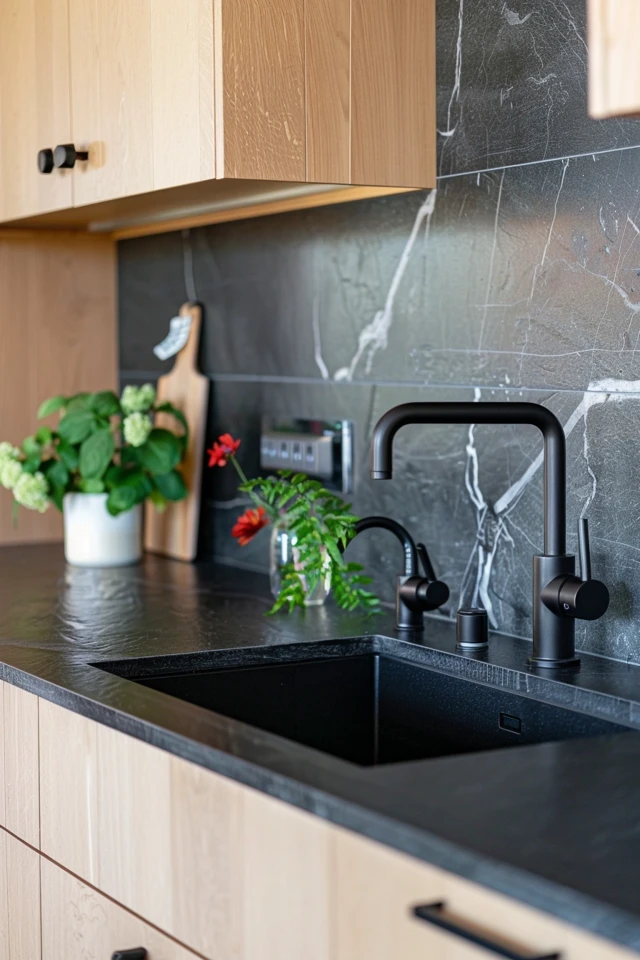 Oak Cabinets with Black Granite Countertops