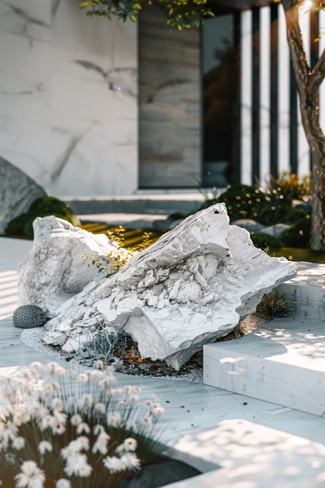 Incorporating White Marble Rock in Pathways and Edging