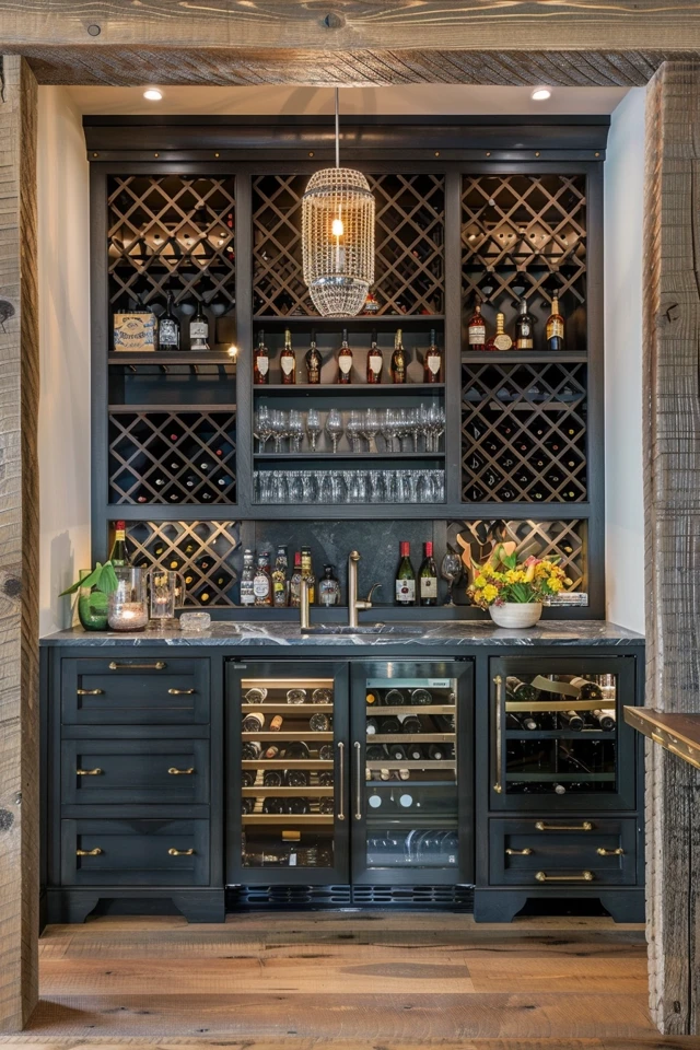 Contemporary Home Bar Design with Stone Tile Backsplash