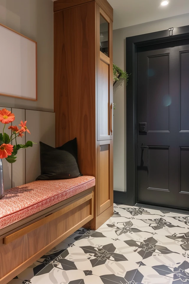 Modern Mudroom with Nero Marquina and Thassos White Hexagon Marble Mosaic Tile