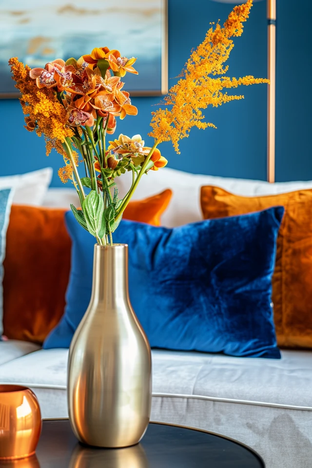Stylish Accessories for a Royal Blue and Gold Living Room.