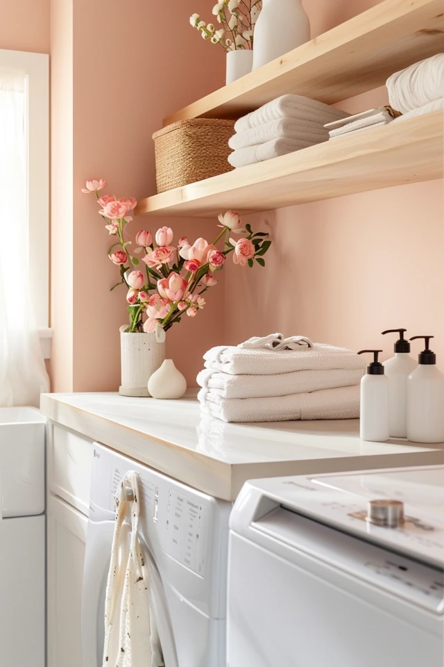 Small Laundry Room Ideas with Top Loader Shelves