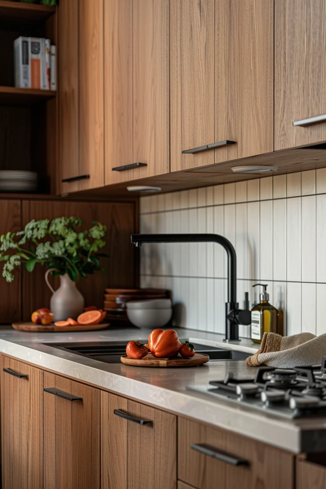Complete the Natural Charm of the Wood Cabinets with Trendiest Backsplash Tiles