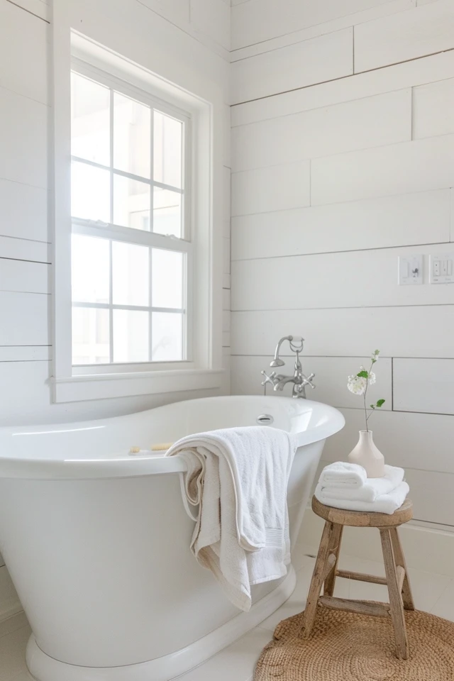 Bright Farmhouse Bathroom with Homey Shiplap Ceiling and Accent Wall