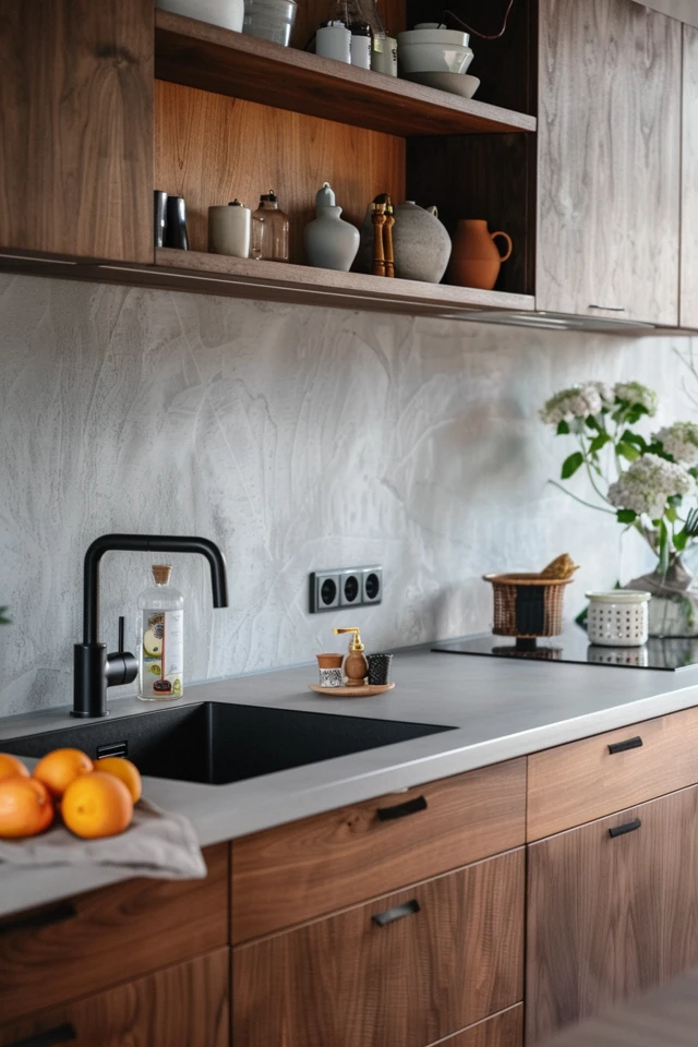 Black Backsplash Over Black Cabinets