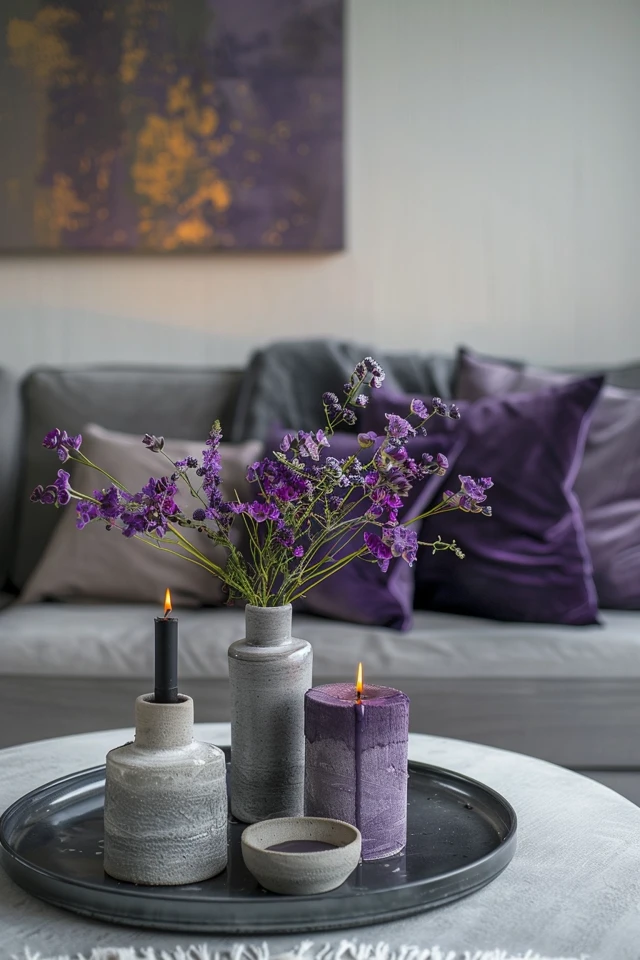 Cozy Grey and Purple Living Room Design