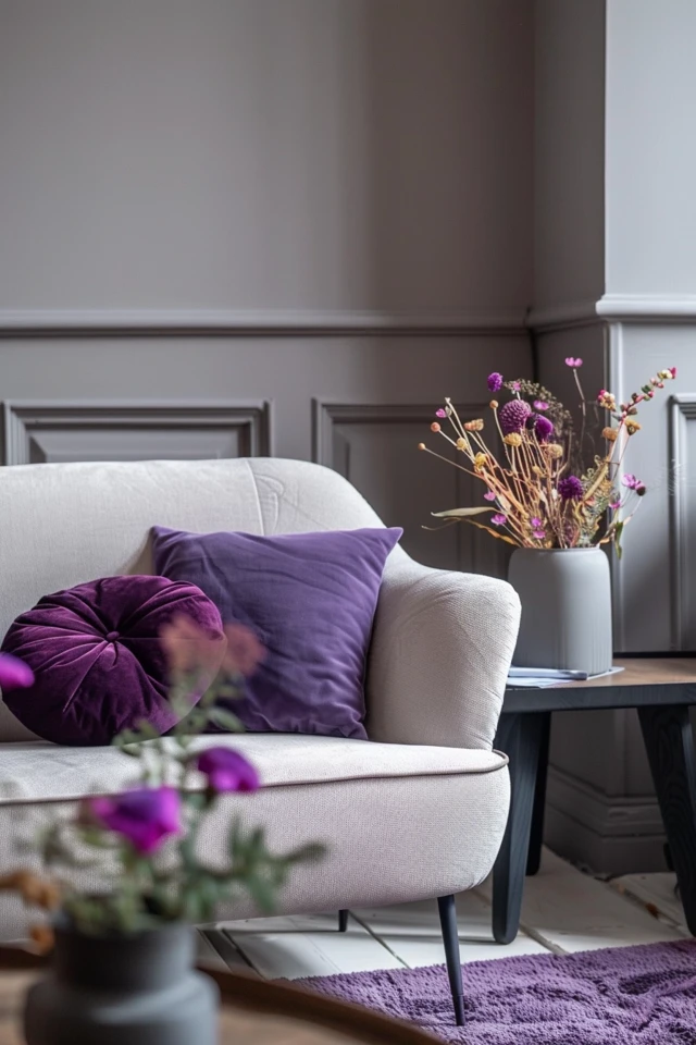 Cozy Grey and Purple Living Room Inspiration