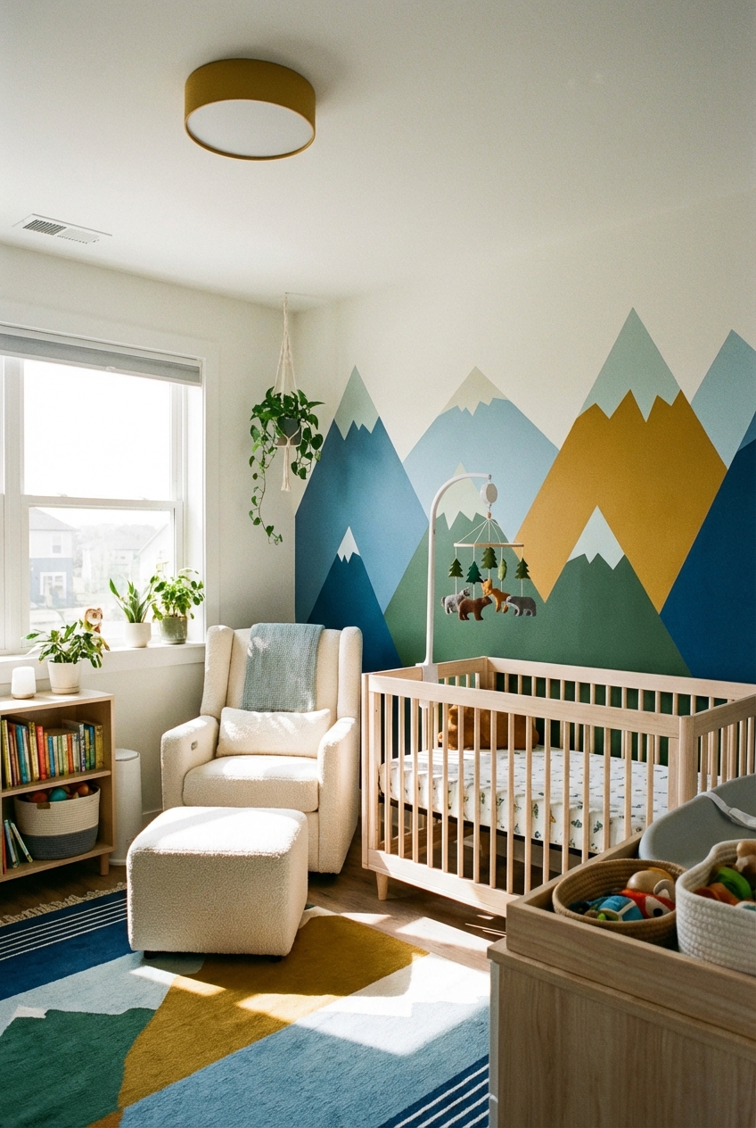 A nursery with a painted mountain mural, a white crib and a glider