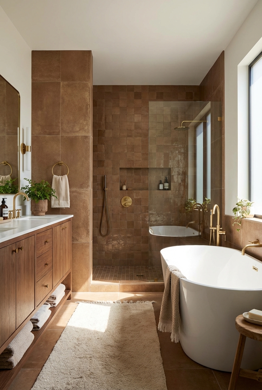Warm Brown Tile Bathroom Designs & Tips - Featured Image