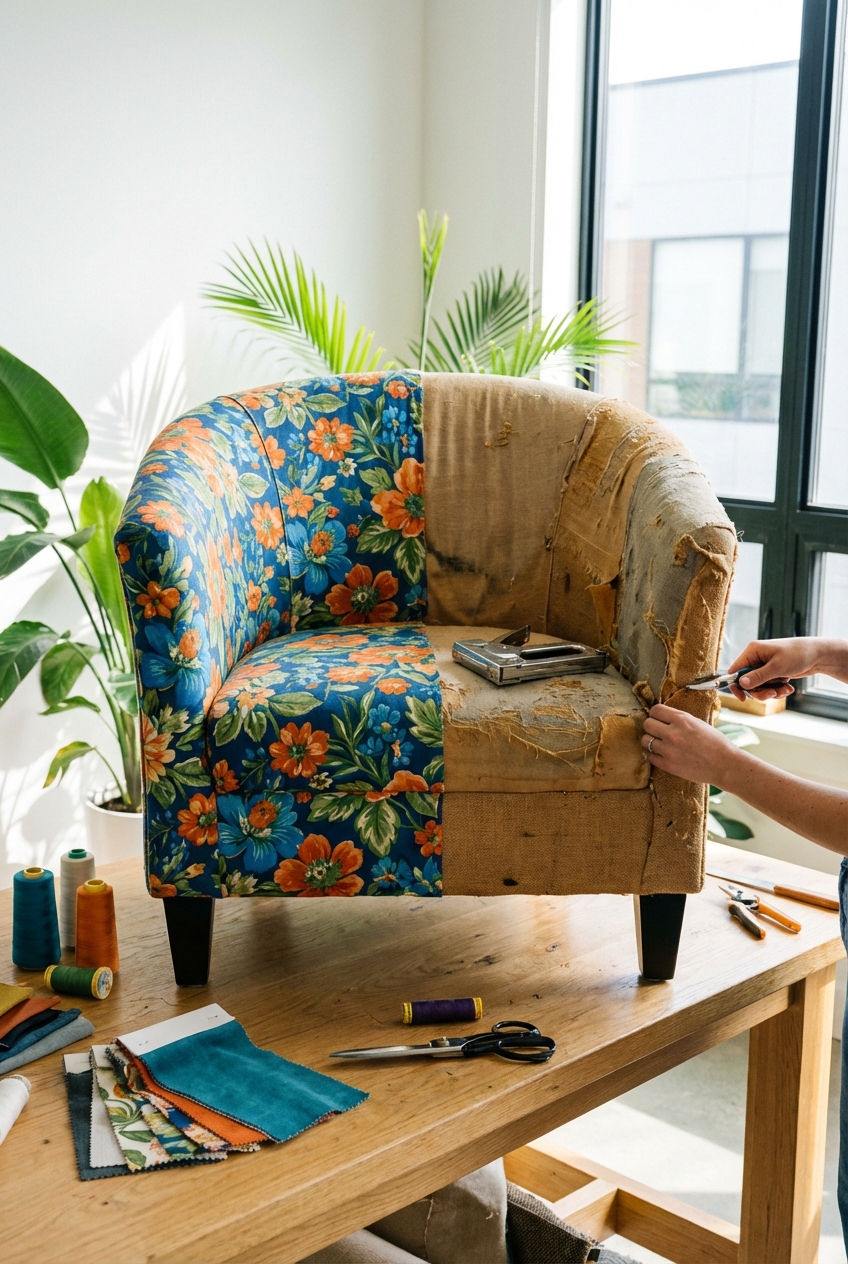 How To Reupholster A Barrel Chair: Furniture Makeover - Featured Image