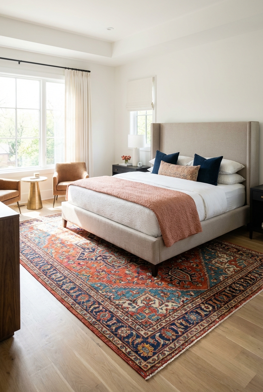 Rugs - How To Place A Rug Under A Queen Bed - Positioning For Aesthetic - Featured Image