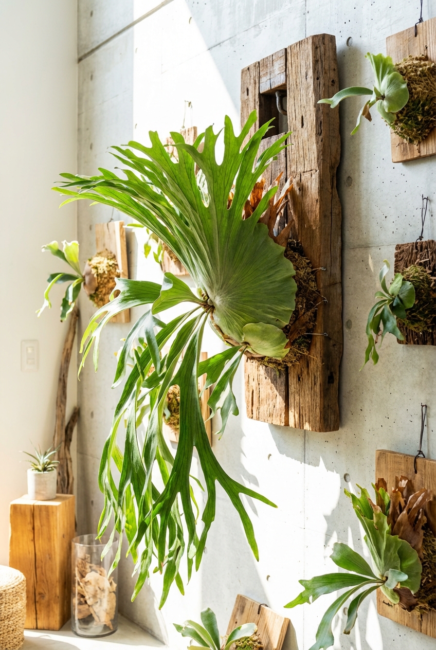 A large staghorn fern mounted on a reclaimed wood board, among smaller mounted ferns on a concrete wall