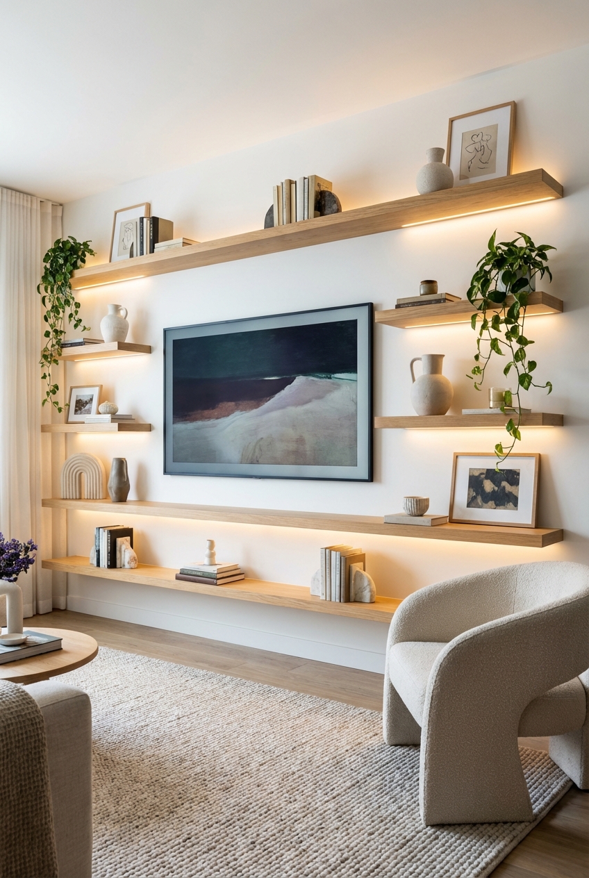 Floating Shelves Ideas Around TV for Chic Decor - Featured Image