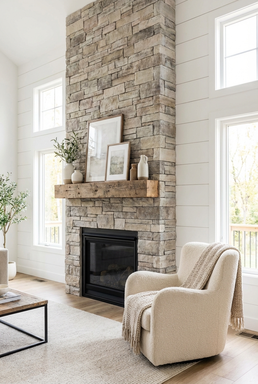 Chic Stone and Shiplap Fireplace Ideas for Homes - Featured Image